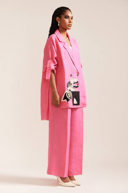 Buy Mini Sondhi Pink Linen Embroidery Oversized Blazer With Pant Online at Aza Fashions Buy_Mini Sondhi_Pink Linen Embroidery Oversized Blazer With Pant _Online_at_Aza_Fashions