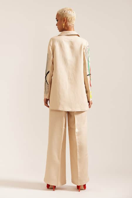 Shop Mini Sondhi Beige Linen Embroidery Paint Stain Cropped Blazer With Pant at Aza Fashions Shop_Mini Sondhi_Beige Linen Embroidery Paint Stain Cropped Blazer With Pant _at_Aza_Fashions