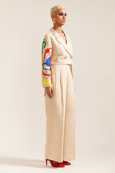 Mini Sondhi Beige Linen Embroidery Paint Stain Cropped Blazer With Pant Online at Aza Fashions Mini Sondhi_Beige Linen Embroidery Paint Stain Cropped Blazer With Pant _Online_at_Aza_Fashions