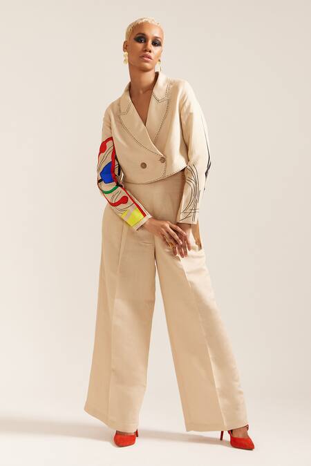 Shop Mini Sondhi Beige Linen Embroidery Paint Stain Cropped Blazer With Pant Online at Aza Fashions Shop_Mini Sondhi_Beige Linen Embroidery Paint Stain Cropped Blazer With Pant _Online_at_Aza_Fashions