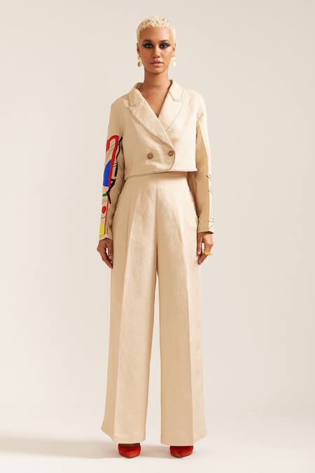 Mini Sondhi Beige Linen Embroidery Paint Stain Cropped Blazer With Pant at Aza Fashions Mini Sondhi_Beige Linen Embroidery Paint Stain Cropped Blazer With Pant _at_Aza_Fashions
