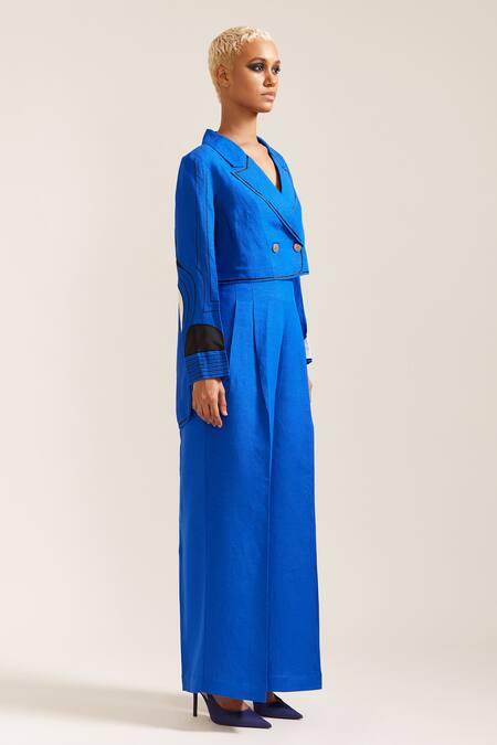 Mini Sondhi_Blue Linen Embroidery Raza Cropped Blazer With Pant _Online_at_Aza_Fashions