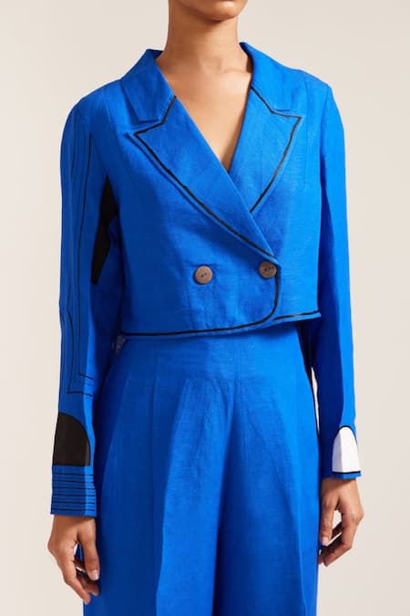 Buy_Mini Sondhi_Blue Linen Embroidery Raza Cropped Blazer With Pant _Online_at_Aza_Fashions