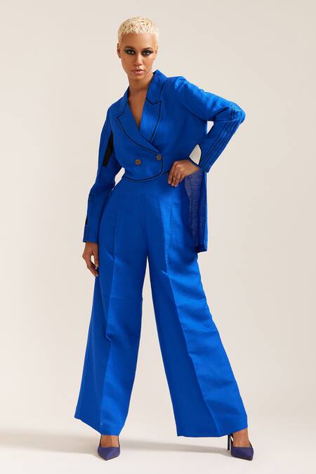 Shop_Mini Sondhi_Blue Linen Embroidery Raza Cropped Blazer With Pant _Online_at_Aza_Fashions