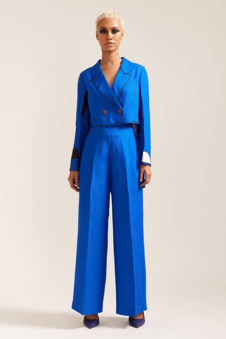 Buy_Mini Sondhi_Blue Linen Embroidery Raza Cropped Blazer With Pant 