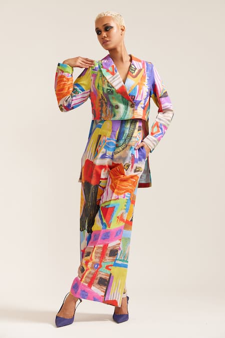 MINI SONDHI Multi Color Linen Printed Abstract Lapel Cropped Blazer With Pant 