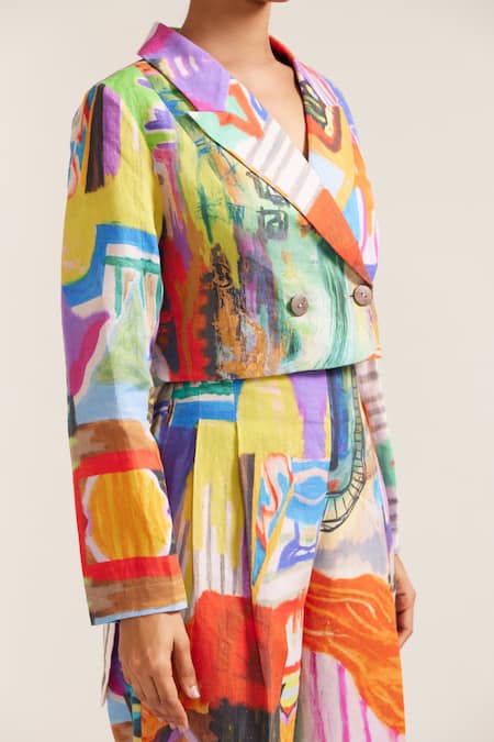 Mini Sondhi_Multi Color Linen Abstract Print Cropped Blazer With Pant _Online_at_Aza_Fashions
