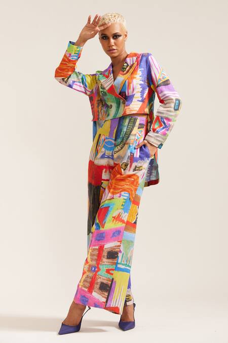 Buy_Mini Sondhi_Multi Color Linen Abstract Print Cropped Blazer With Pant _Online_at_Aza_Fashions