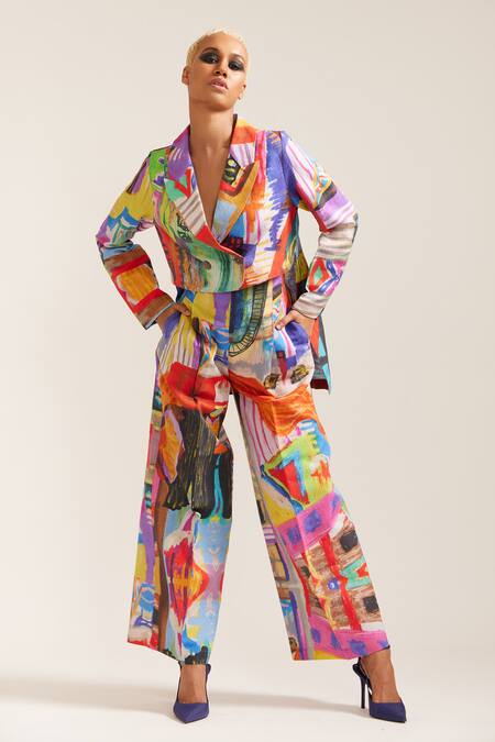 Shop_Mini Sondhi_Multi Color Linen Abstract Print Cropped Blazer With Pant _Online_at_Aza_Fashions