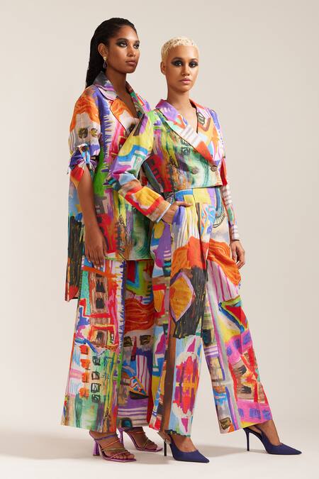 Mini Sondhi_Multi Color Linen Abstract Print Cropped Blazer With Pant _at_Aza_Fashions