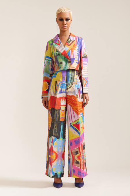 Buy_Mini Sondhi_Multi Color Linen Abstract Print Cropped Blazer With Pant 