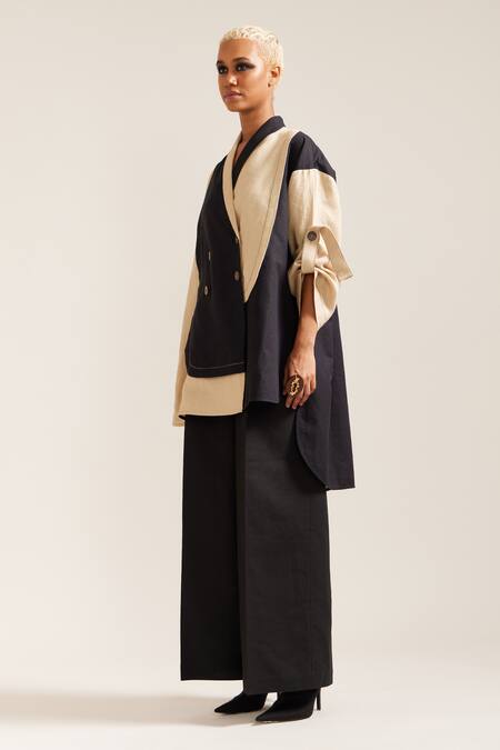 Mini Sondhi Beige Linen Embroidery Asymmetrical Color Block Blazer With Trouser Online at Aza Fashions Mini Sondhi_Beige Linen Embroidery Asymmetrical Color Block Blazer With Trouser _Online_at_Aza_Fashions