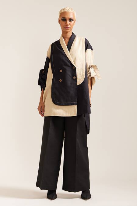 Mini Sondhi Beige Linen Embroidery Asymmetrical Color Block Blazer With Trouser at Aza Fashions Mini Sondhi_Beige Linen Embroidery Asymmetrical Color Block Blazer With Trouser _at_Aza_Fashions