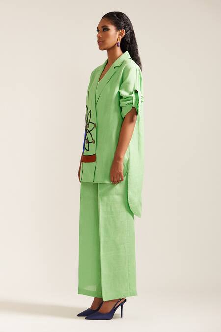 Mini Sondhi_Green Linen Applique Flower Pot Oversized Embroidered Blazer With Trouser _Online_at_Aza_Fashions