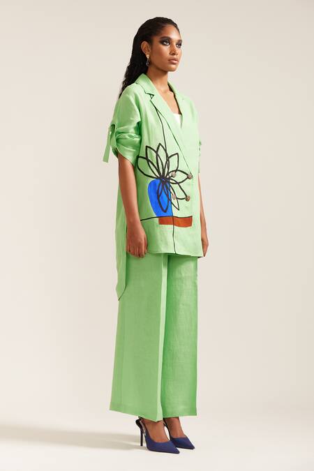 Buy_Mini Sondhi_Green Linen Applique Flower Pot Oversized Embroidered Blazer With Trouser _Online_at_Aza_Fashions