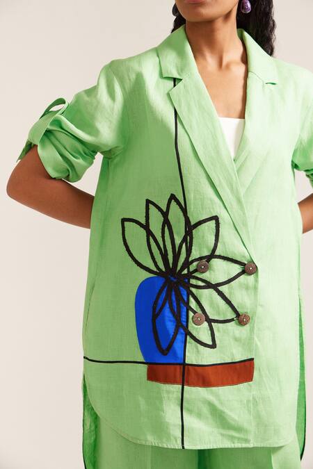Shop_Mini Sondhi_Green Linen Applique Flower Pot Oversized Embroidered Blazer With Trouser _Online_at_Aza_Fashions