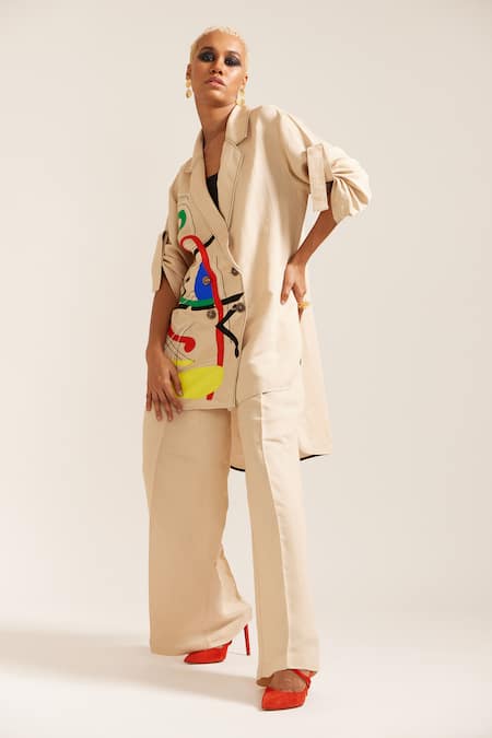 MINI SONDHI Paint Stain Embroidered Oversized Blazer With Pant 