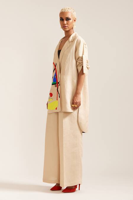 Mini Sondhi Beige Linen Paint Stain Embroidered Oversized Blazer With Pant Online at Aza Fashions Mini Sondhi_Beige Linen Paint Stain Embroidered Oversized Blazer With Pant _Online_at_Aza_Fashions