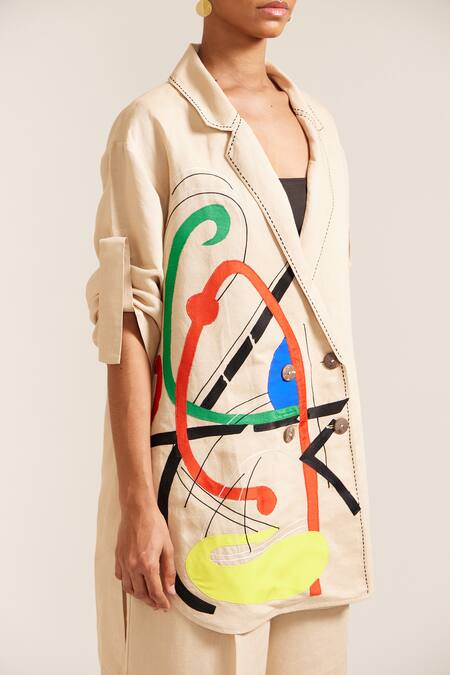 Buy Mini Sondhi Beige Linen Paint Stain Embroidered Oversized Blazer With Pant Online at Aza Fashions Buy_Mini Sondhi_Beige Linen Paint Stain Embroidered Oversized Blazer With Pant _Online_at_Aza_Fashions