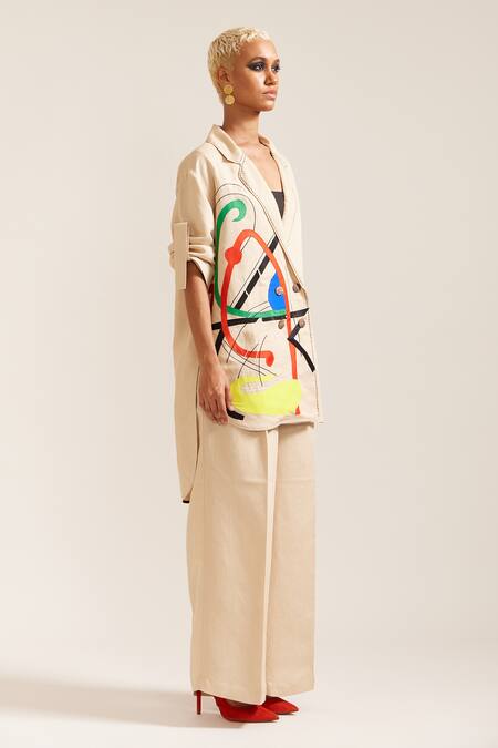 Shop Mini Sondhi Beige Linen Paint Stain Embroidered Oversized Blazer With Pant Online at Aza Fashions Shop_Mini Sondhi_Beige Linen Paint Stain Embroidered Oversized Blazer With Pant _Online_at_Aza_Fashions