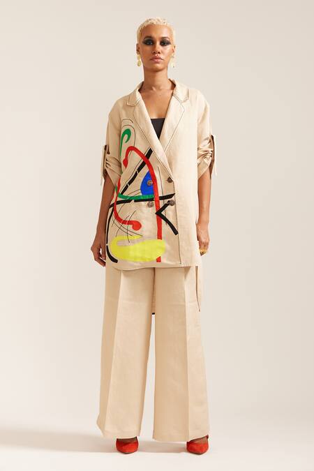 Mini Sondhi Beige Linen Paint Stain Embroidered Oversized Blazer With Pant at Aza Fashions Mini Sondhi_Beige Linen Paint Stain Embroidered Oversized Blazer With Pant _at_Aza_Fashions