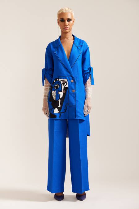 Mini Sondhi_Blue Linen Embroidery Picasso Face Blazer With Trouser _Online_at_Aza_Fashions