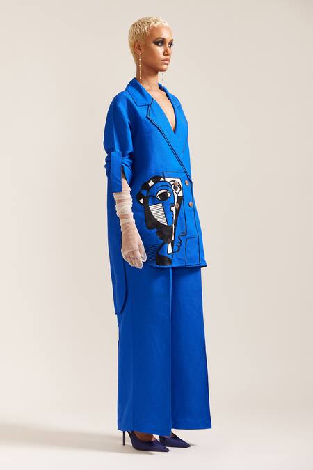 Buy_Mini Sondhi_Blue Linen Embroidery Picasso Face Blazer With Trouser _Online_at_Aza_Fashions