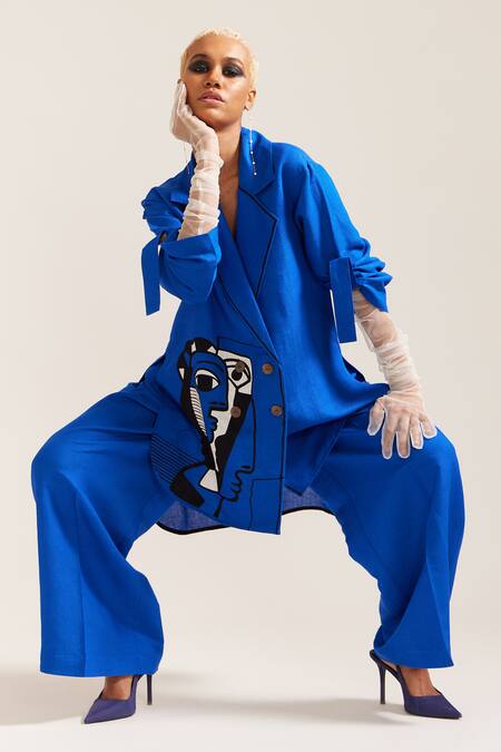 Mini Sondhi_Blue Linen Embroidery Picasso Face Blazer With Trouser _at_Aza_Fashions