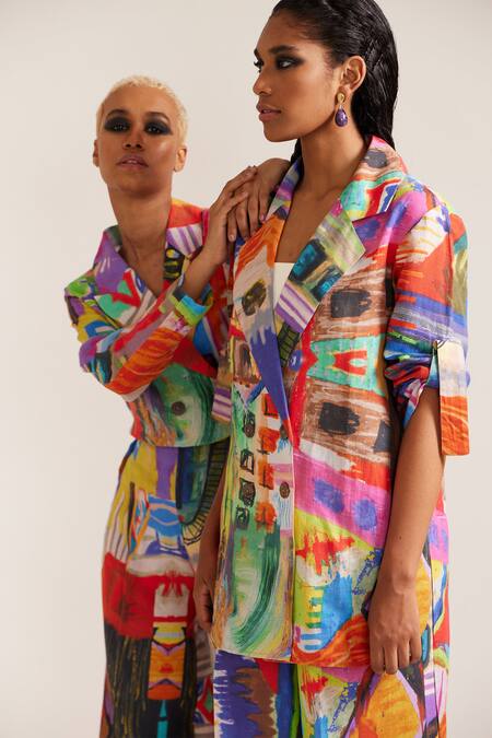 Mini Sondhi_Multi Color Linen Collared Abstract Print Shirt Jacket With Trouser _Online_at_Aza_Fashions