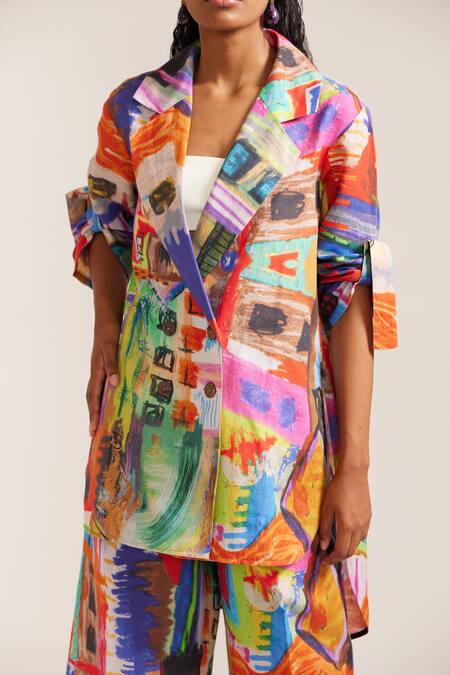 Buy_Mini Sondhi_Multi Color Linen Collared Abstract Print Shirt Jacket With Trouser _Online_at_Aza_Fashions