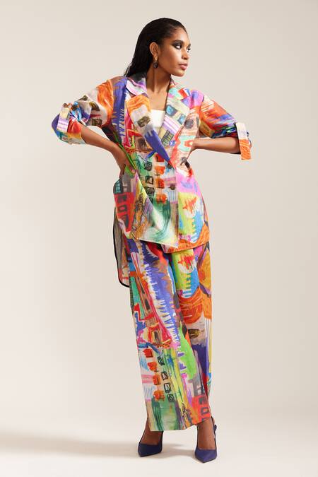 Shop_Mini Sondhi_Multi Color Linen Collared Abstract Print Shirt Jacket With Trouser _Online_at_Aza_Fashions