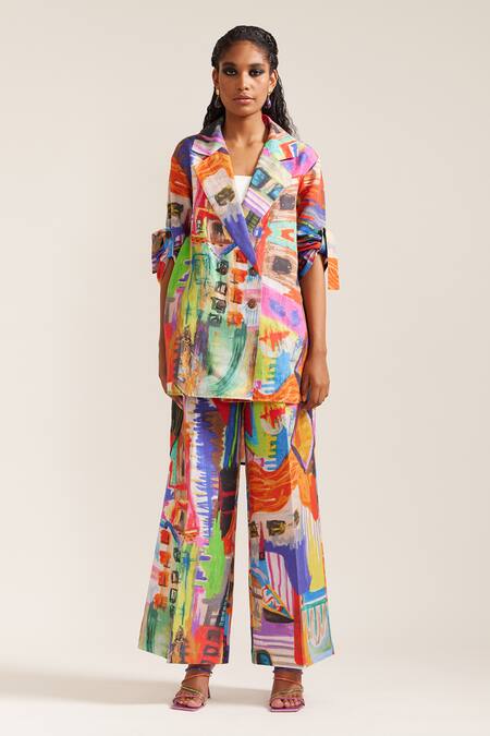 Buy_Mini Sondhi_Multi Color Linen Collared Abstract Print Shirt Jacket With Trouser 
