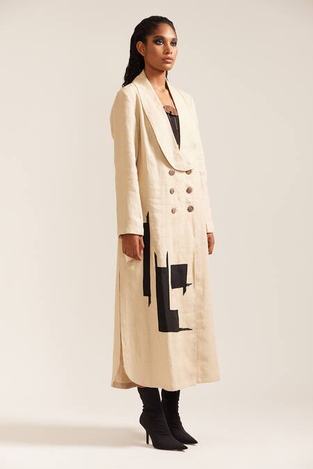 Mini Sondhi_Beige Linen Embroidery Collared Oversized Double Breasted Dress _Online_at_Aza_Fashions