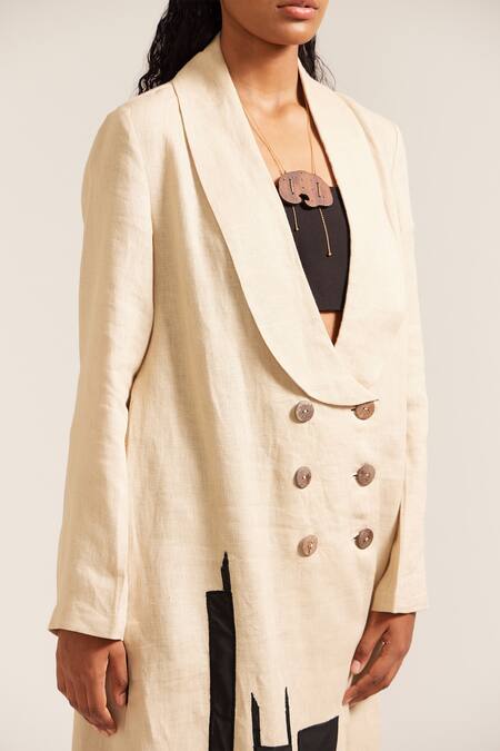 Buy_Mini Sondhi_Beige Linen Embroidery Collared Oversized Double Breasted Dress _Online_at_Aza_Fashions