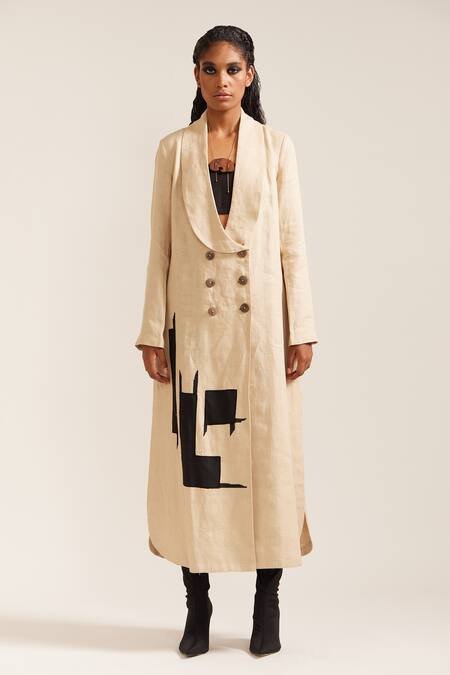 Mini Sondhi_Beige Linen Embroidery Collared Oversized Double Breasted Dress _at_Aza_Fashions