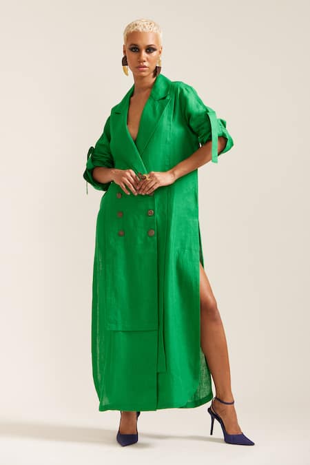 MINI SONDHI Green Linen Embroidered Applique Lapel Oversized Double Breasted Dress 