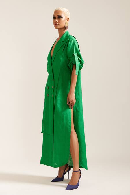 Buy Mini Sondhi Green Linen Applique Collared Embroidered Oversized Double Breasted Dress Online at Aza Fashions Buy_Mini Sondhi_Green Linen Applique Collared Embroidered Oversized Double Breasted Dress _Online_at_Aza_Fashions