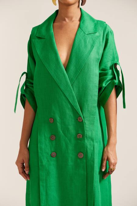 Shop Mini Sondhi Green Linen Applique Collared Embroidered Oversized Double Breasted Dress Online at Aza Fashions Shop_Mini Sondhi_Green Linen Applique Collared Embroidered Oversized Double Breasted Dress _Online_at_Aza_Fashions