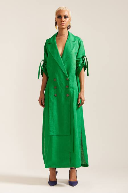 Mini Sondhi Green Linen Applique Collared Embroidered Oversized Double Breasted Dress at Aza Fashions Mini Sondhi_Green Linen Applique Collared Embroidered Oversized Double Breasted Dress _at_Aza_Fashions
