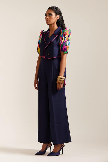 Mini Sondhi Blue Crepe Embroidery Collared Hand Cropped Jacket With Pant Online at Aza Fashions Mini Sondhi_Blue Crepe Embroidery Collared Hand Cropped Jacket With Pant _Online_at_Aza_Fashions