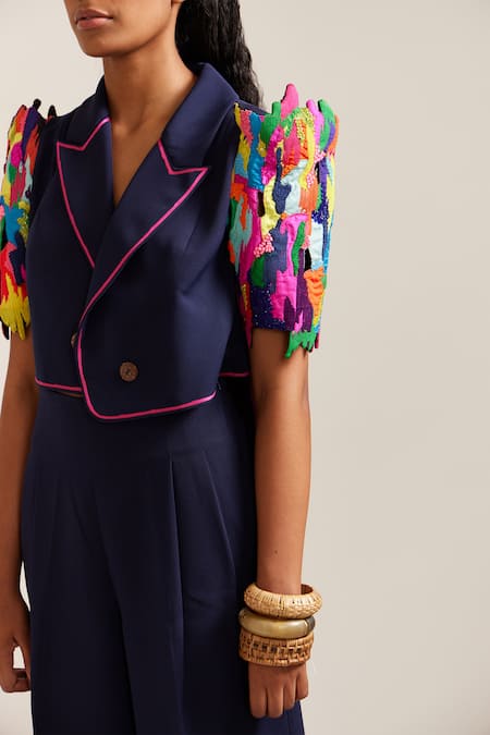 Buy Mini Sondhi Blue Crepe Embroidery Collared Hand Cropped Jacket With Pant Online at Aza Fashions Buy_Mini Sondhi_Blue Crepe Embroidery Collared Hand Cropped Jacket With Pant _Online_at_Aza_Fashions