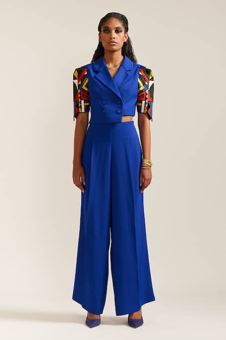 MINI SONDHI Blue Crepe Hand Embroidered Applique Lapel Cropped Jacket And Pant Set 