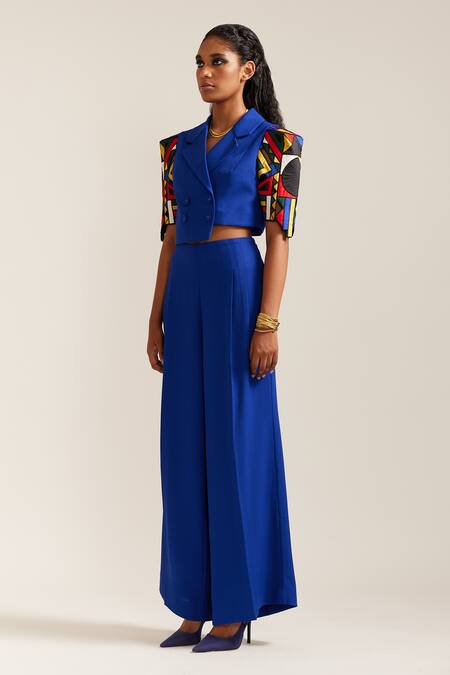 Mini Sondhi Blue Crepe Embroidery Collared Hand Cropped Jacket And Pant Set Online at Aza Fashions Mini Sondhi_Blue Crepe Embroidery Collared Hand Cropped Jacket And Pant Set _Online_at_Aza_Fashions