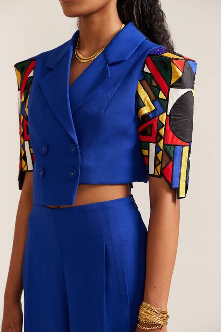 Buy Mini Sondhi Blue Crepe Embroidery Collared Hand Cropped Jacket And Pant Set Online at Aza Fashions Buy_Mini Sondhi_Blue Crepe Embroidery Collared Hand Cropped Jacket And Pant Set _Online_at_Aza_Fashions