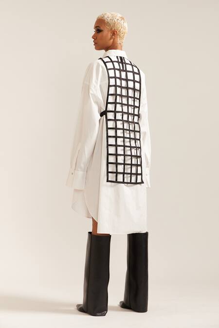 Mini Sondhi Shirt Dress With Hand Embroidered Grid Bib 