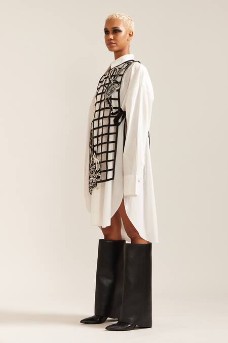 Mini Sondhi_Black Cotton Applique Collared Shirt Dress With Hand Embroidered Grid Bib _Online_at_Aza_Fashions