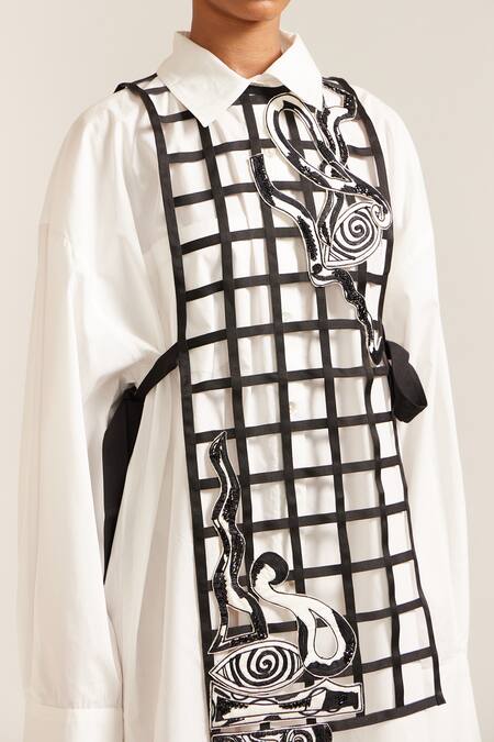 Buy_Mini Sondhi_Black Cotton Applique Collared Shirt Dress With Hand Embroidered Grid Bib _Online_at_Aza_Fashions
