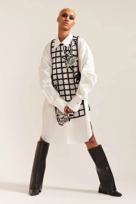 Shop_Mini Sondhi_Black Cotton Applique Collared Shirt Dress With Hand Embroidered Grid Bib _Online_at_Aza_Fashions