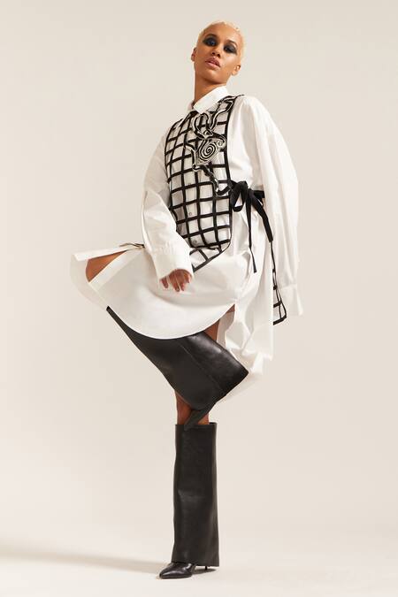 Mini Sondhi_Black Cotton Applique Collared Shirt Dress With Hand Embroidered Grid Bib _at_Aza_Fashions