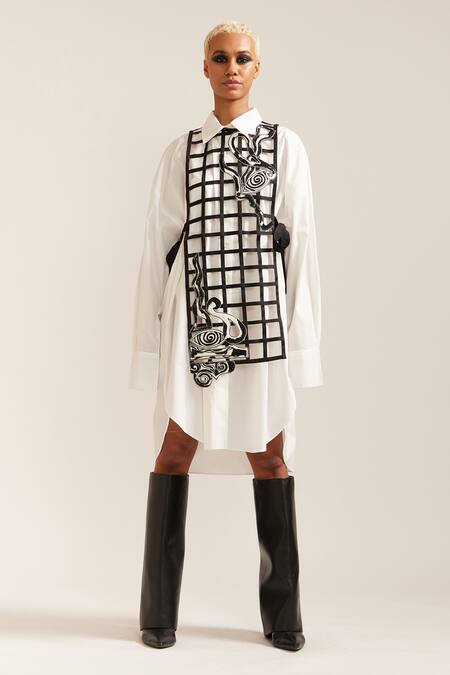 Shop_Mini Sondhi_Black Cotton Applique Collared Shirt Dress With Hand Embroidered Grid Bib 